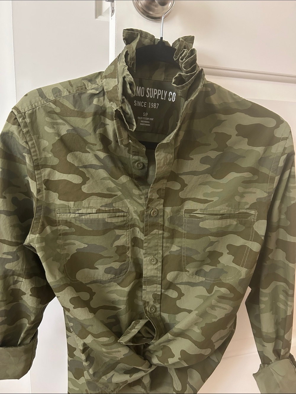 Brand new Mossimo Green Camouflage Button-Up Shirt recreated for a woman .